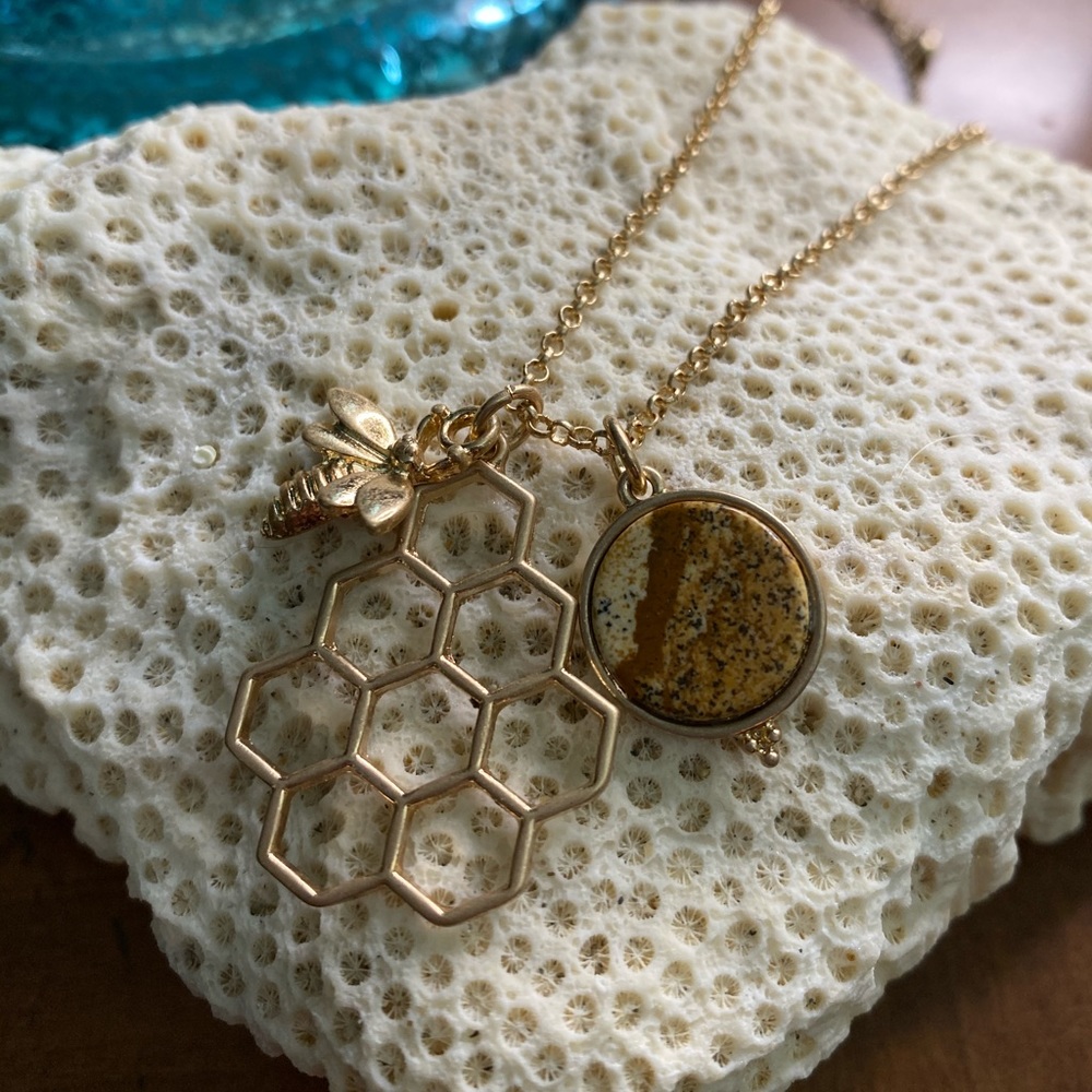 Picture jasper natural stone honey bee necklace